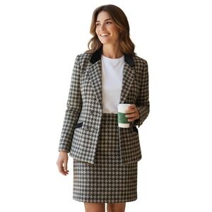 Ted Lapidus Paris Vintage Wool Houndstooth‎ Blazer&Skirt Set 42 Made in France